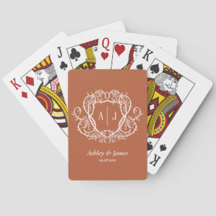 Baroque Floral Terracotta Monogram Crest Wedding Playing Cards
