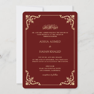 Baroque Frame Gold Script Burgundy Nikah Ceremony Invitation