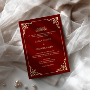 Baroque Frame Gold Script Burgundy Nikah Ceremony Invitation