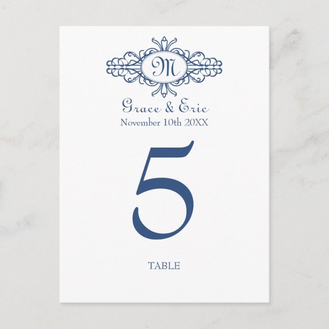 Baroque frame monogram wedding table number card (Front)