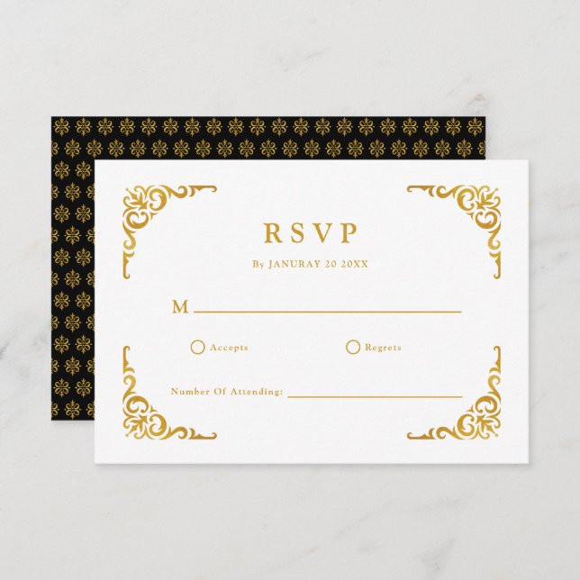Baroque Frame Royal Black and Gold Ornamental RSVP Card (Front/Back)