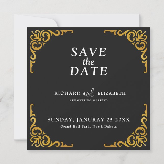 Baroque Frame Royal Black and Gold Ornamental Save The Date (Front)