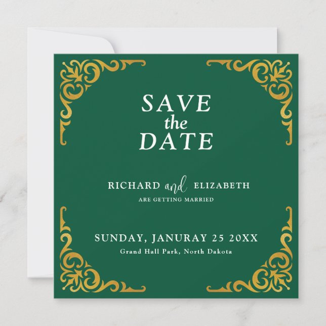 Baroque Frame Royal Emerald Green Ornamental Save The Date (Front)