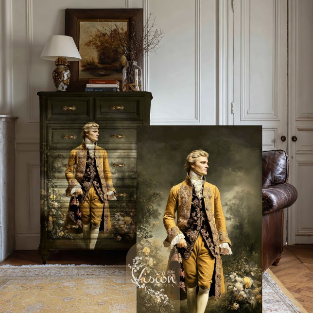 Baroque Gentleman Gold Coat Floral Portrait Tissue Paper (Baroque Gentleman print displayed on dark vintage cabinet, antique room)
