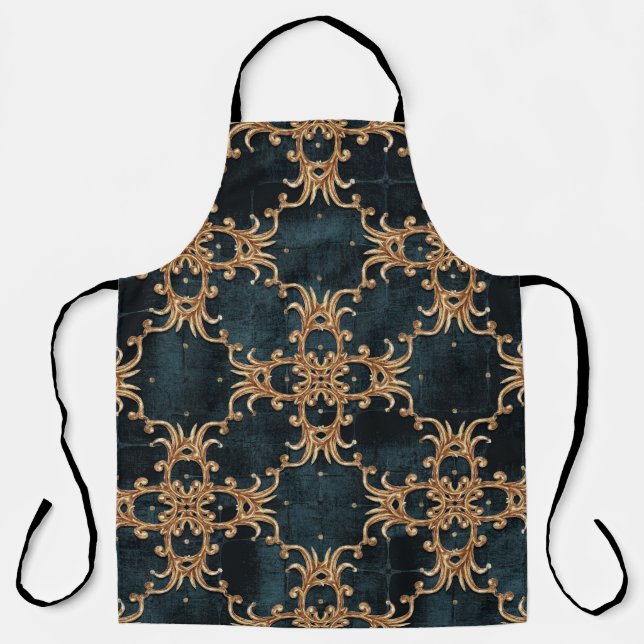 Baroque gold elements, dark teal seamless. apron (Front)