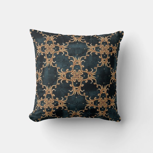 Baroque gold elements, dark teal seamless. cushion (Front)