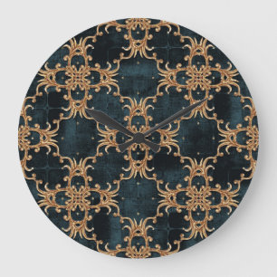 Baroque gold elements, dark teal seamless. large clock
