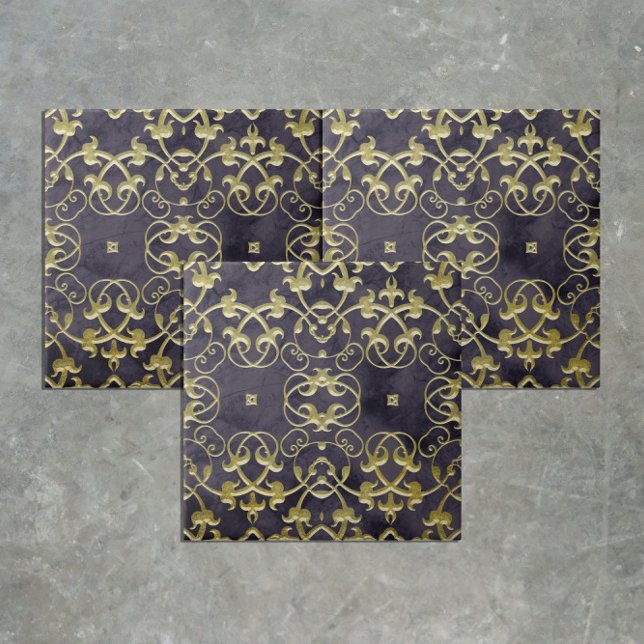 Baroque Gold Flourish Ornaments On Purple Marble Ceramic Tile (Creator Uploaded)