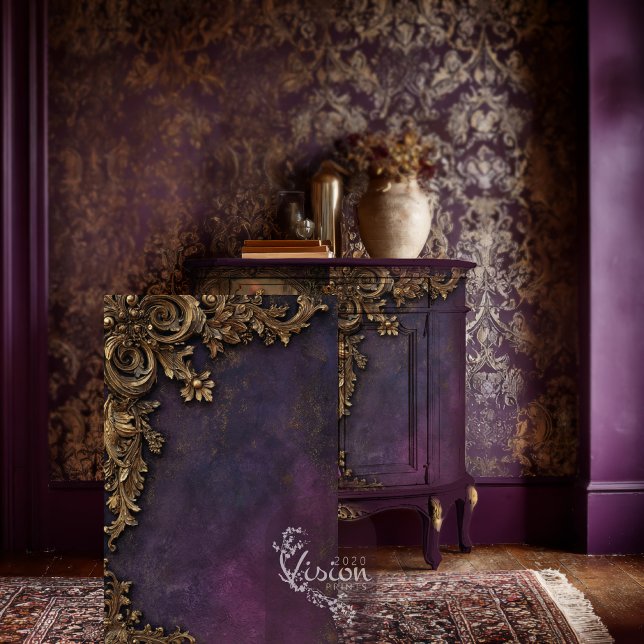 Baroque Gold Frame On Purple Damask Tissue Paper (Gold Gilded Baroque, Art Deco, Moody Purple Backdrop, Decoupage Tissue Paper.)
