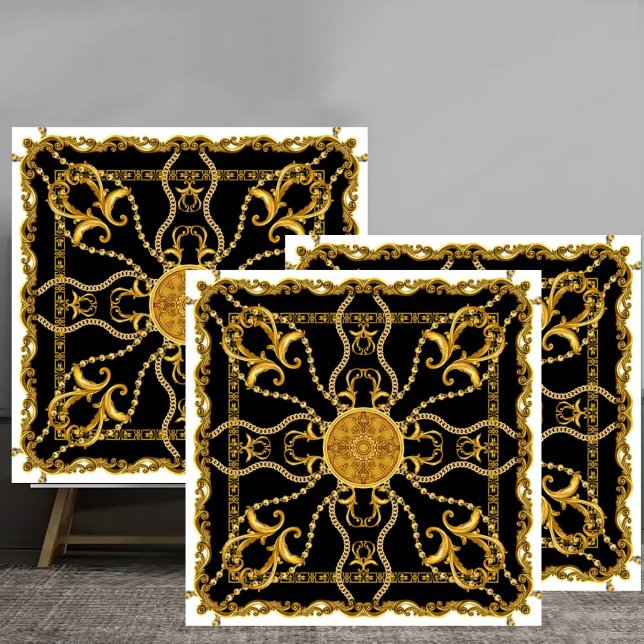 Baroque Gold Ornamental Chain Pattern on Black Ceramic Tile (Creator Uploaded)