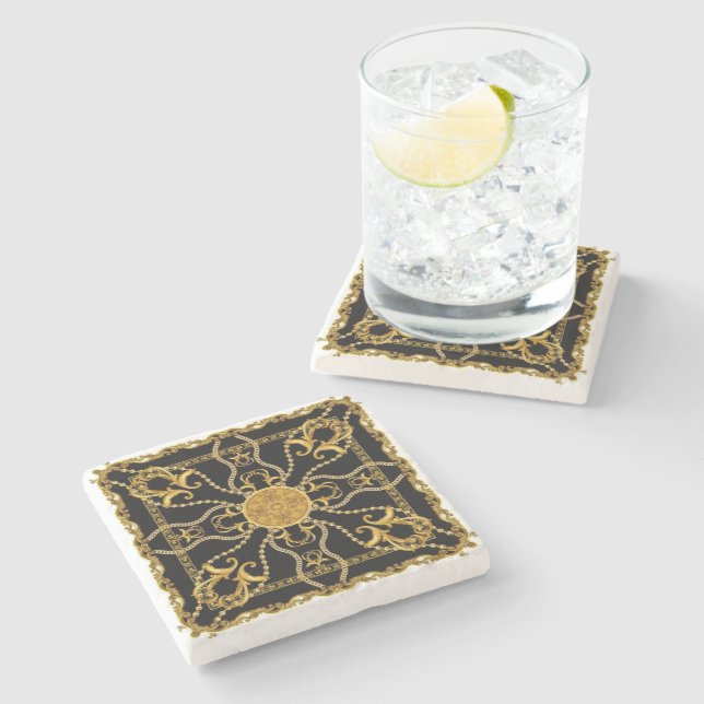 Baroque Gold Ornamental Chain Pattern on Black Stone Coaster (Side)