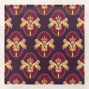 Baroque Gold Sconce Magenta Pattern Glass Coaster