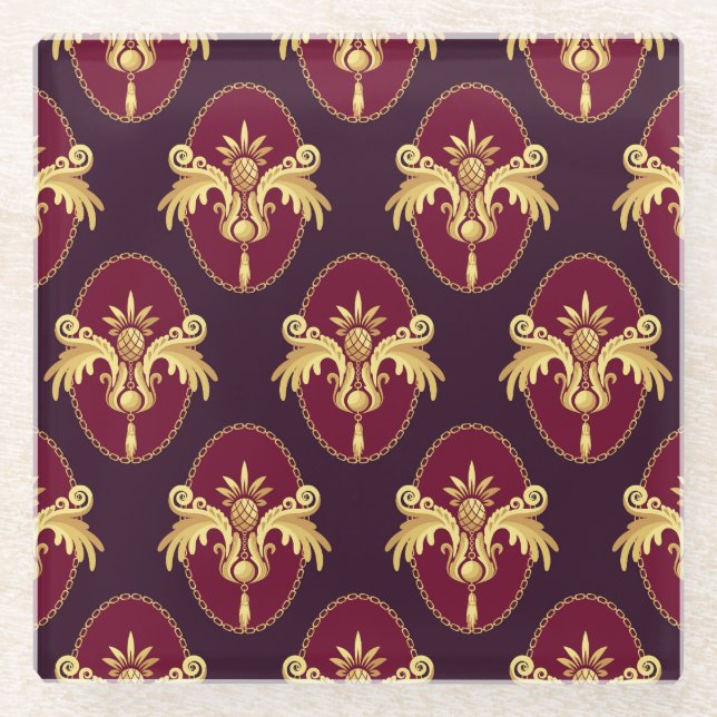 Baroque Gold Sconce Magenta Pattern Glass Coaster (Front)