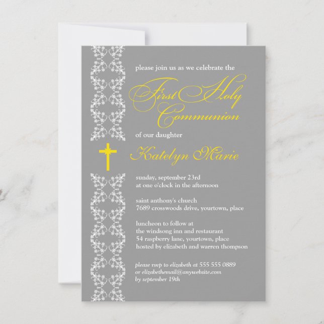 Baroque Grey Strip First Holy Communion Invitation (Front)