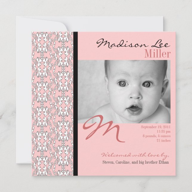 Baroque in Pink Baby Girl Announcement (Front)