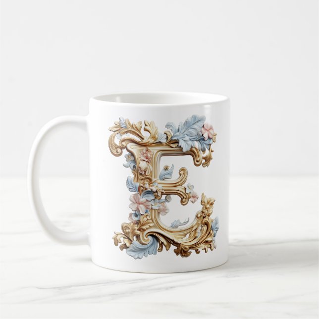 Baroque Letter 'E' Mug for a Coffee Princess (Left)
