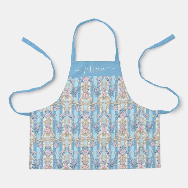 Baroque light blue script girl's name apron (Front)