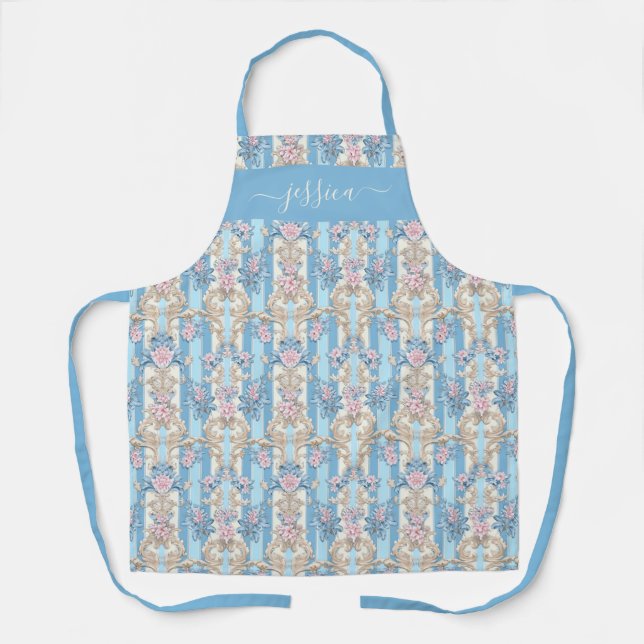 Baroque light blue script name apron (Front)