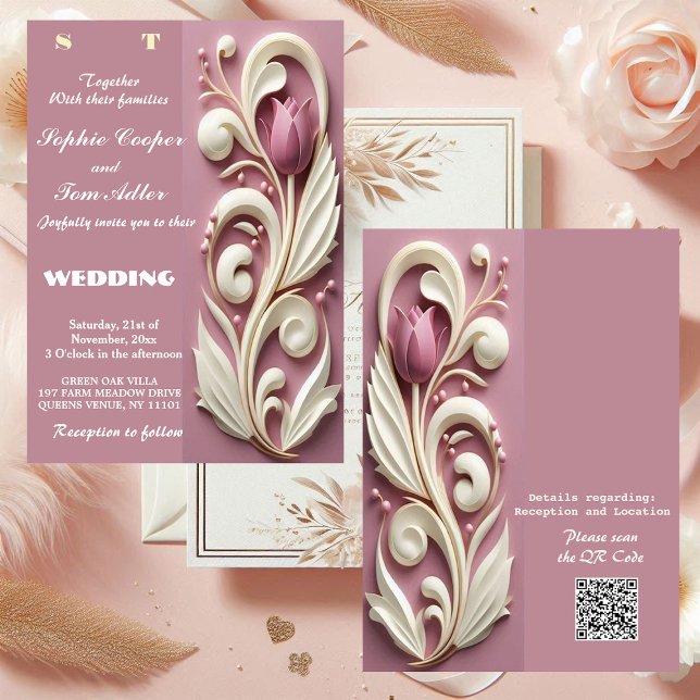 Baroque Opulence Pastel Tulip Ivory Swirl Mulberry Invitation (Baroque Opulence Pastel Tulip Ivory Swirl Mulberry Invitation)