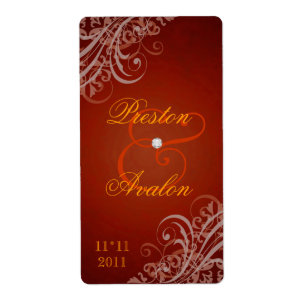 Baroque Orange Scroll Wedding Wine Label