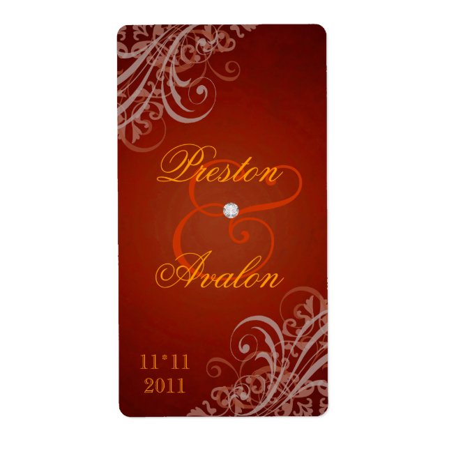 Baroque Orange Scroll Wedding Wine Label (Front)