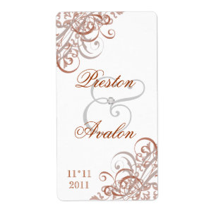 Baroque Orange Scroll White Wedding Wine Label