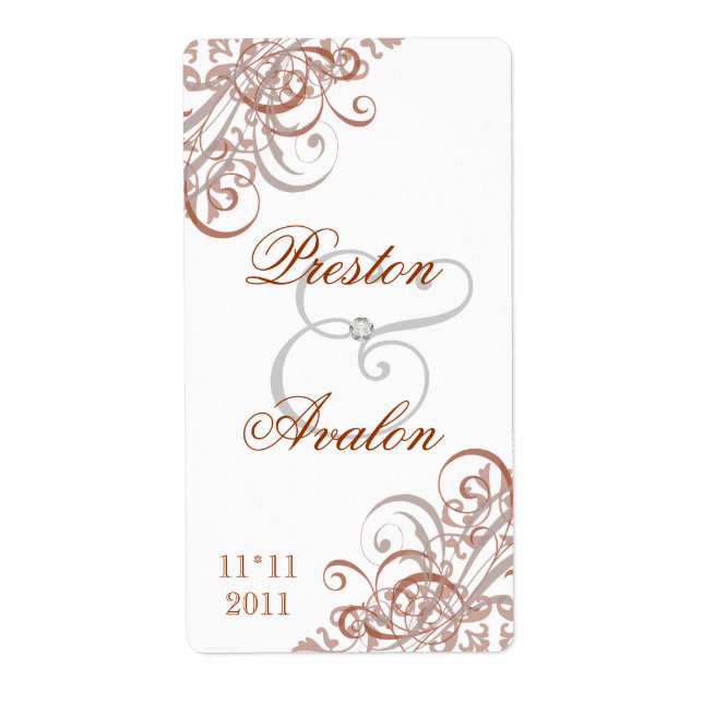 Baroque Orange Scroll White Wedding Wine Label (Front)