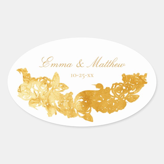 Baroque Ornament Golden Wedding Logo Oval Sticker (Front)