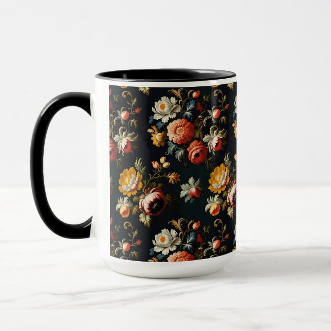 Baroque Ornate Florals On a Black Background Mug (Left)