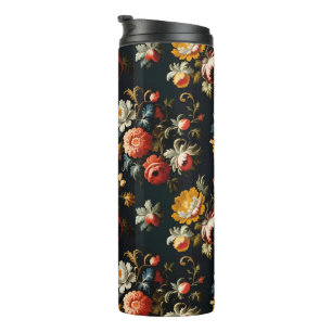 Baroque Ornate Florals On a Black Background Thermal Tumbler