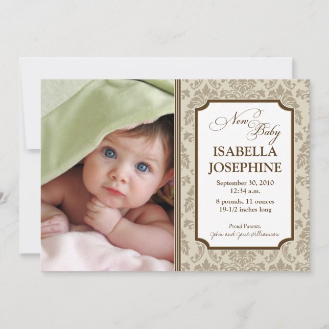 Baroque Pattern Baby Birth Announcement (taupe) (Front)