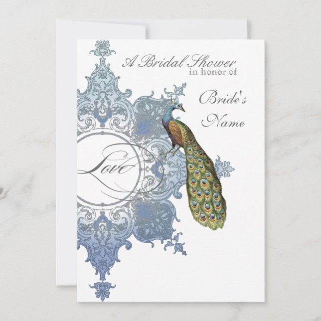 Baroque Peacock Bridal Shower Invite - Blue (Front)