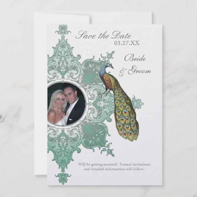 Baroque Peacock Save the Date Invite - Blue Green (Front)