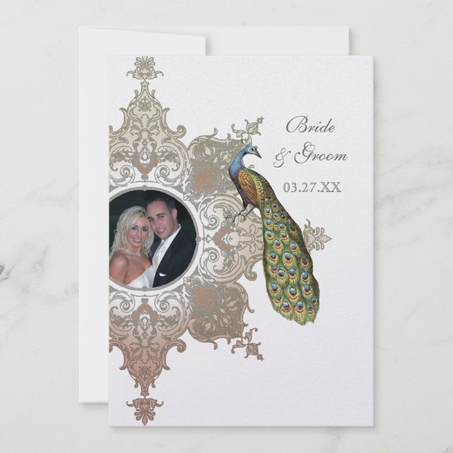 Baroque Peacock Wedding Invitation - Mocha Tan (Front)
