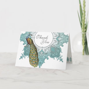 Baroque Peacock Wedding Thank You Note - Aqua Blue Card