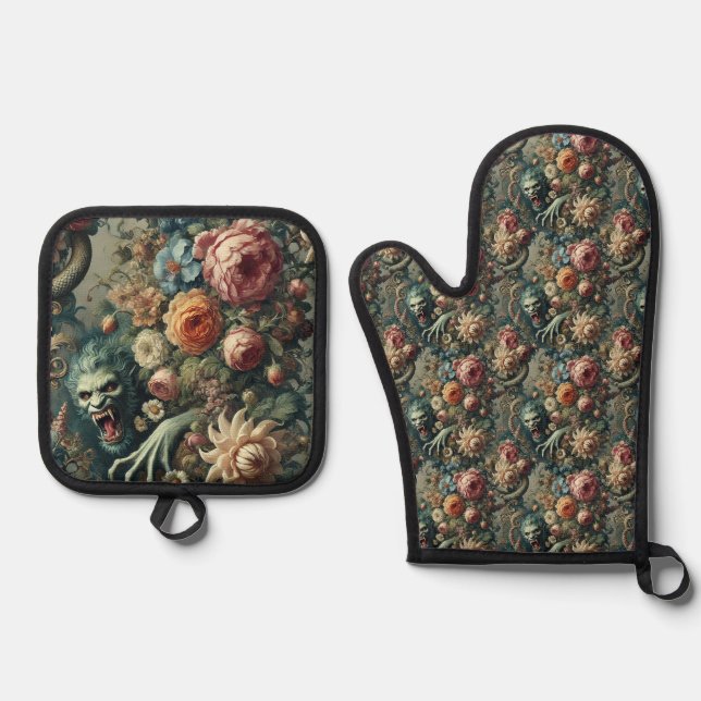 Baroque Peril – Gothic Victorian Oven Mitt & Pot Holder Set (Front)