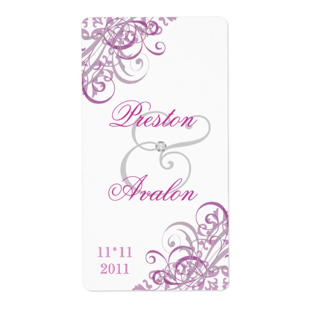 Baroque Pink Scroll White Wedding Wine Label (Front)