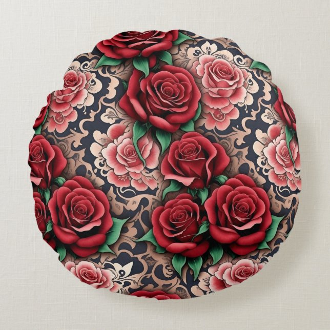 baroque red roses round cushion (Front)
