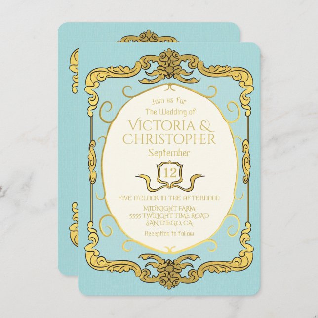 Baroque Regency Faux Gold Blue Wedding Invitation (Front/Back)