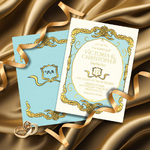 Baroque Regency Faux Gold Blue Wedding Invitation