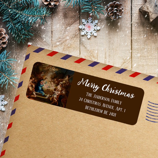 Baroque Religious Christian Christmas Nativity Return Address Label (Baroque Religious Christian Catholic Script Merry Christmas Nativity Scene Return Address Labels)
