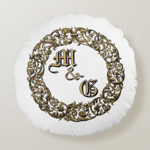 Baroque Rococo Cartouche Monograms Wedding Rings Round Cushion