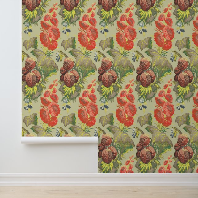 Baroque Rococo Floral Pomegranate Pattern Wallpaper (Application)