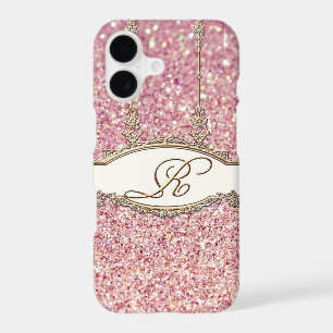 Baroque Rococo Gold Monogram R Bokeh Glitter Pink