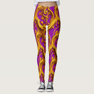 Baroque Rococo Golden Purple Filagree Design Leggings