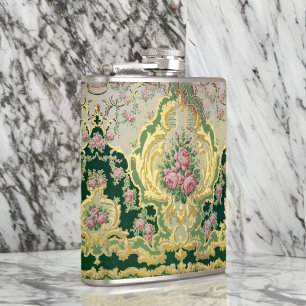 Baroque Rococo Stylish Pink Roses Gold Liquor Hip Flask