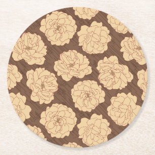 Baroque Roses on walnut brown - seamless pattern.  Round Paper Coaster