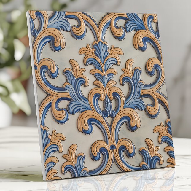 Baroque Scroll Damask Blue Gold Italian Style Ceramic Tile (Creator Uploaded)