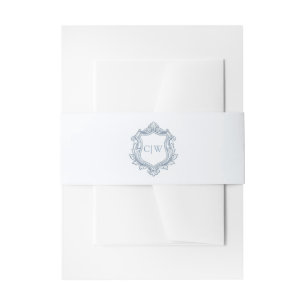 Baroque Shield Crest Dusty Blue Lace Wedding Invitation Belly Band