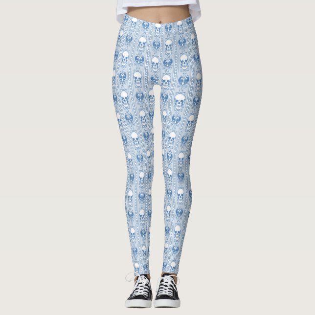 Baroque Skull Stripe Pattern Blue Leggings (Front)